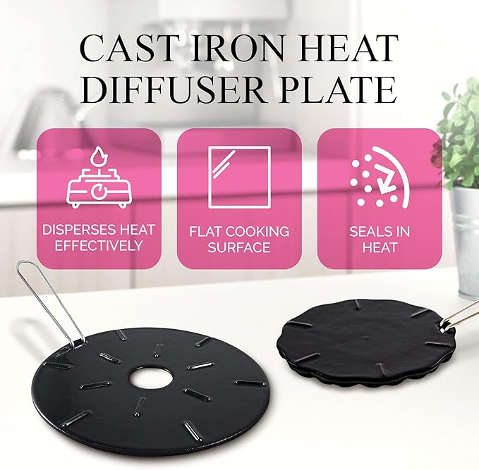 Cast Iron Heat Diffuser for Gas Stove – 2 Sizes Included – 8.25 and 6.75 Inch Heat Diffusers for Electric Stove - Gas Heat Plate - Cast Iron Simmer Plate for Gas Burners