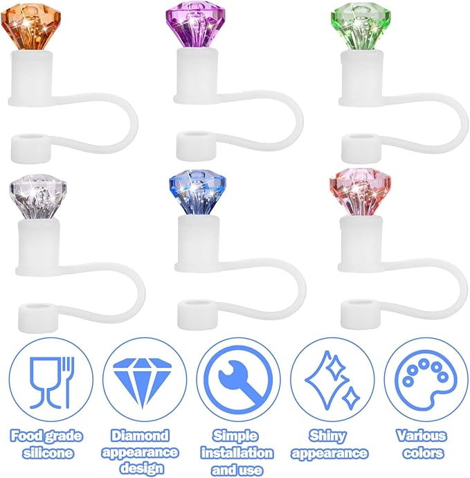 Mity Rain 6pcs Diamond Straw Topper for Stanley Cup 40/30 Oz and Simple Modern Tumblers - Reusable Cover Accessories, Colorful Decor