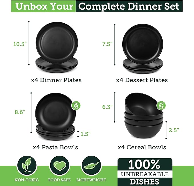 Grow Forward 16-piece Premium Wheat Straw Dinnerware Sets for 4 - Unbreakable Dishwasher & Microwave Safe Plastic Plates and Bowls Sets - Patio, Outdoors, RV, Camping Dishes - Midnight