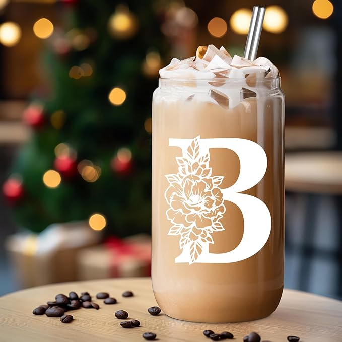 Coolife Initial Glass Cup, Monogrammed Gifts for Women, 16 oz Glass Cups w/Lids Straws, Iced Coffee Smoothie Beer Tumbler w/Straw Lid - Personalized Christmas, Birthday Gifts for Her Mom Friend Woman