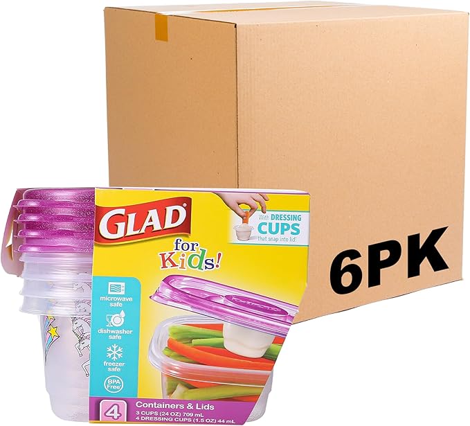Glad for Kids GladWare Snack Containers with Unicorn Design - 24 oz BPA-Free Plastic Food Storage with Lids and Dressing Cups - Microwave and Dishwasher Safe, 4 Count - 6 Pack