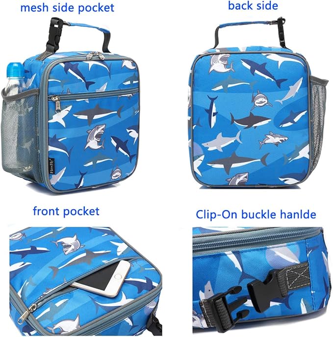 FlowFly Kids Lunch box Insulated Soft Bag Mini Cooler Back to School Thermal Meal Tote Kit for Girls, Boys, Shark