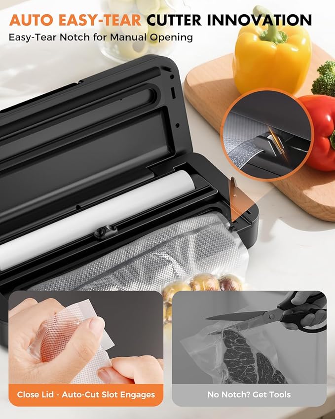 Vacuum Sealer for Food, 95kPa Food Vacuum Saver Sealer Machine, 120W 12L/min Fast-Sealing with Auto Tear-Cut,Digital Timer, Built-in Cutter, Bag Storage and One Bag Roll, 9-in-1 Compact Vacuum Sealer