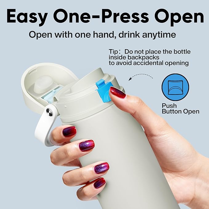 Insulated Water Bottle with Straw - Encool Stainless Steel Water Bottle with Push Button Lid, Leak-Proof & BPA-Free, Keeps Cold for 24 Hours for Sports, Travel, Gym (24 oz, Kangaroo Grey)