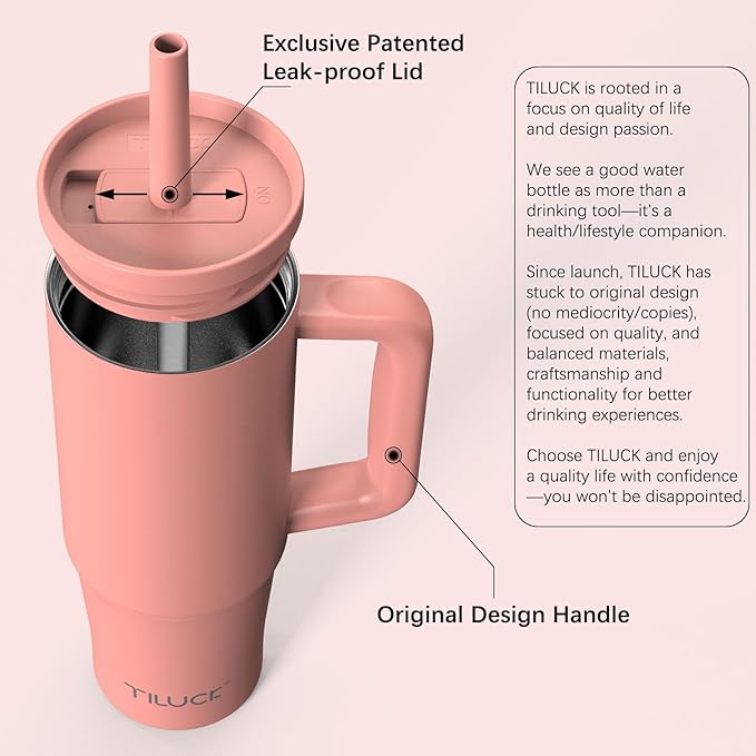 TILUCK 30 oz Tumbler with Handle, Vacuum Insulated Stainless Steel Travel Mug with 100% Leak-Proof Silicone Straw Lid, Cupholder Friendly Water Bottle(CoralRed, 30oz)