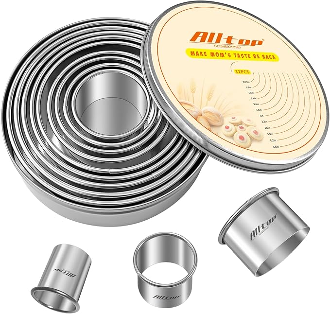 ALLTOP 12 Pcs Round Biscuit Cutter - Stainless Steel Baking Essential Tool for Effortless Circle Cookie Shaping,Pastry,Cake Decoration&Fondant Creation – Precise Cut Utensil for Dumpling,Scone, Donut