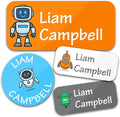 Personalized Daycare Name Labels for Kids (130 Labels) - Custom Waterproof Name Stickers for Clothing Tags, Water Bottles, Lunch Boxes and School Supplies (Robots)