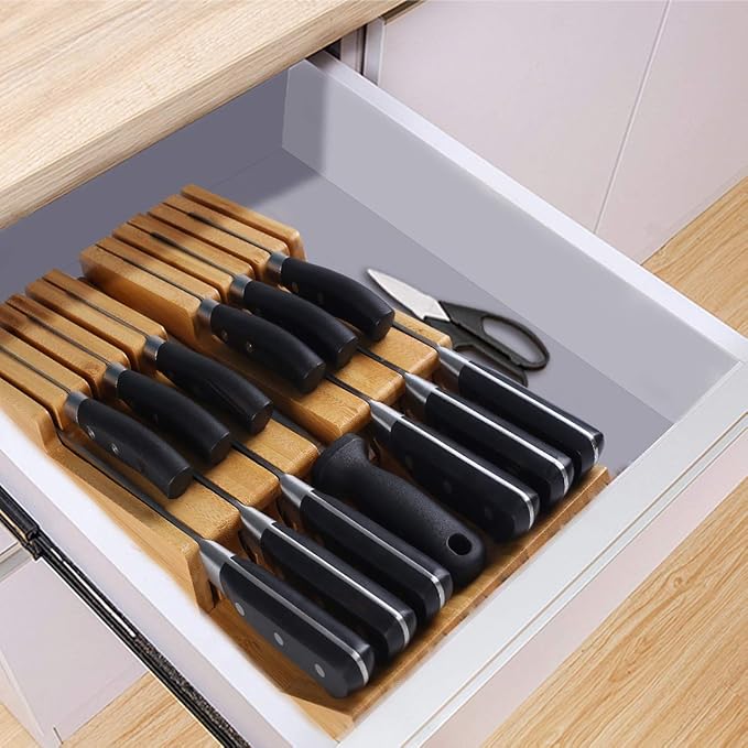 NIUXX Bamboo In-Drawer Knife Block Set for 12 Knives(Not Included), Large Kitchen Detachable Washable Cutlery Slot Organizer Storage Holder for Sharpening Steel and Cutter