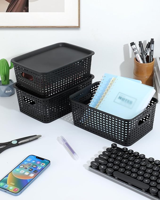 AREYZIN Storage Bins Plastic Storage Baskets With Lid Small Baskets for Organizing Stackable Storage Container Organizer Bins for Shelves Drawers Desktop Playroom Classroom Office, 6 Pack,Black