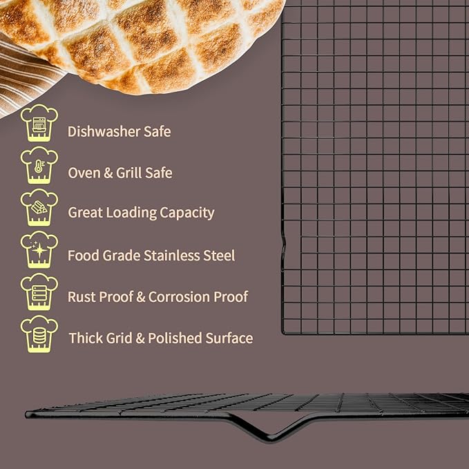 Briout Cooling Rack for Baking, 2-Pack 16x10 Inches Baking Rack, Thick Wire Cookie Rack for Cooking, Roasting, Grilling, Drying, Oven Safe, Fits Half Sheet Pan, Black