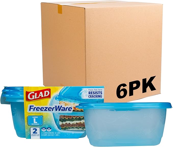 Glad GladWare Freezerware Food Storage Containers - Large Rectangle - Meal Container Holds up to 64 Ounces of Food - Lock Tight Seal, 2 Count - 6 Pack