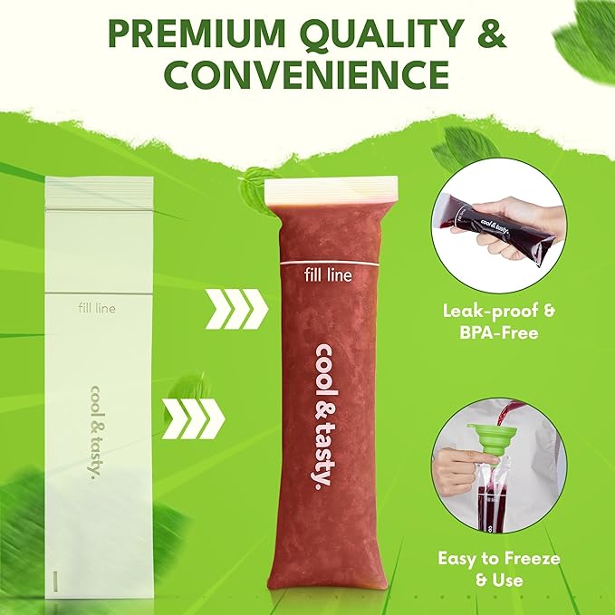 150 Disposable Popsicle Mold Bags with Zip Seals & 4 Popsicle Sleeves, 8x2" Freezer Tubes for DIY Ice Pops, Yogurt, Juice & Fruit Smoothies - Includes Funnel & Popsicle Sleeves, BPA-Free