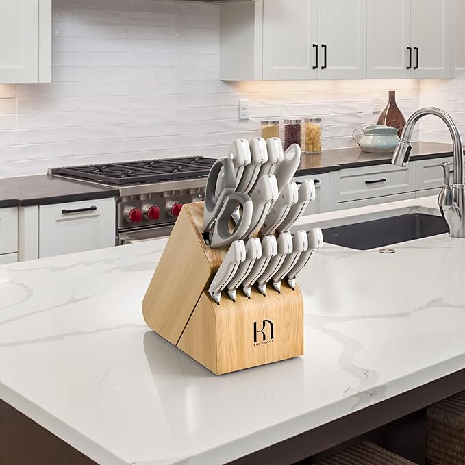Knife Set, 15 Pcs Kitchen Knife Block Set, Enduring Razor-Sharp Japanese High Carbon Stainless Steel Chef Knife Set with Block and Sharpener, Premium Knives Set for Kitchen, White Natural Wood