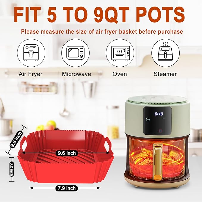 Large Silicone Air Fryer Liners Square 5-9 QT, 7.9 Inch Reusable Airfryer Liners Air Fryer Silicone Liners Pot Oven Liner Baking Tray, Air Fryer Basket Silicone Mat Bowl Air Fryer Accessories, 2 Pack