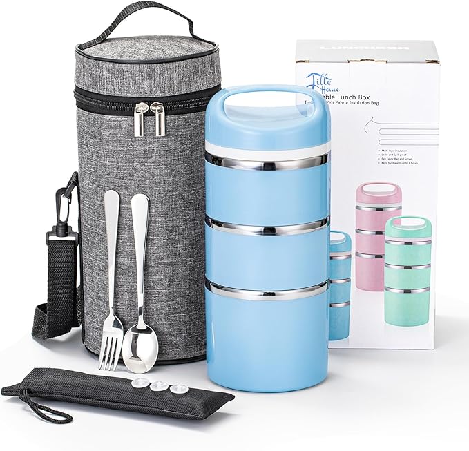 Lille Home Stackable Stainless Steel Thermal Compartment Lunch/Snack Box, 3-Tier Insulated Bento/Food Container with Lunch Bag, Utensils Set and Three Extra Seals, 43OZ (Blue)
