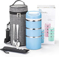 Lille Home Stackable Stainless Steel Thermal Compartment Lunch/Snack Box, 3-Tier Insulated Bento/Food Container with Lunch Bag, Utensils Set and Three Extra Seals, 43OZ (Blue)
