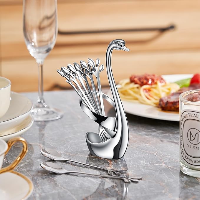 AnSaw Silver Small Coffee Spoon Holder Set,Swan Base With 10 Pcs Demitasse Espresso Spoons Set,4.7" Mini Leaf Dessert Spoon,Stainless Steel Tea Spoons