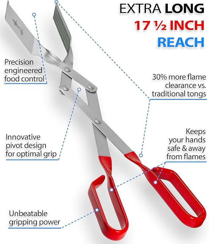 Shark BBQ Steak Grilling Tongs - 17 inch Red. Professional outdoor grilling utensil. Long Reach Barbeque Grilling Tongs. Ideal for kabobs, fish, burgers, and sausage