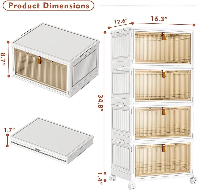 CTSNSLH 4 Tier Plastic Storage Bins and Boxes Organizer - 27Qt Stackable with Lids for Bedroom, Living Room, Office - Foldable Containers
