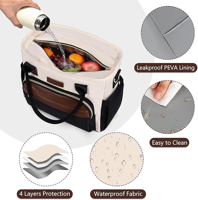 Lunch Bag Lunch Box Women - Leakproof Insulated Lunch Cooler Bag for Women - Large Lunch Tote Bags Adults, Black with Off White with Brown
