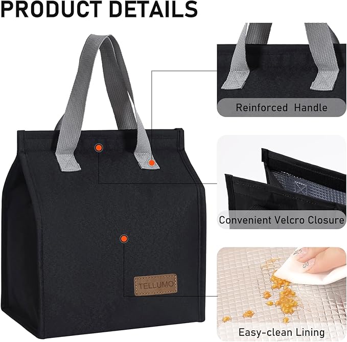 TELLUMO Lunch bag, Insulated Lunch Bag for Women Men Large Lunch Box Container Reusable Leakproof Tote for Office, Work, School, Beach or Travel (Black)
