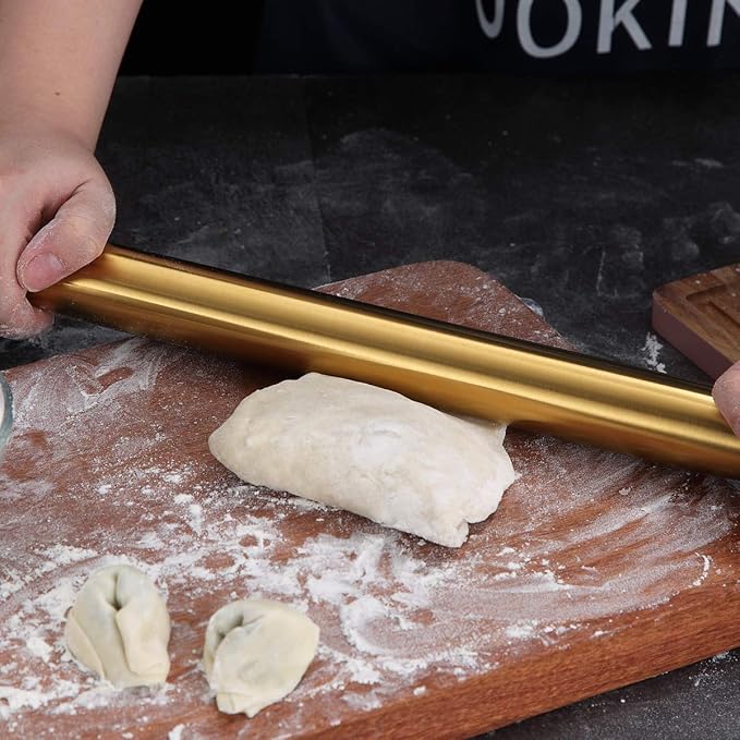 Berglander Gold Rolling Pin, 16.7 Inches Stainless Steel Matte Finish With Gold Titanium Plating Rolling Pin For Baking, Pizza, Dough, Pie, Cookie, Essential Kitchen Utensil Gift Ideas For Bakers.