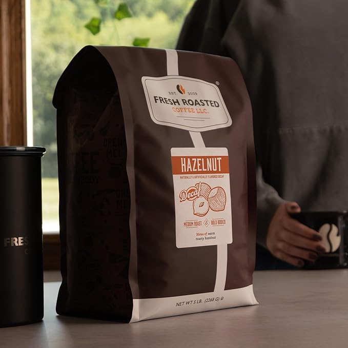 Fresh Roasted Coffee, Decaf Hazelnut Flavored Coffee, 5 lb (80 oz), Medium Roast, Kosher, Whole Bean