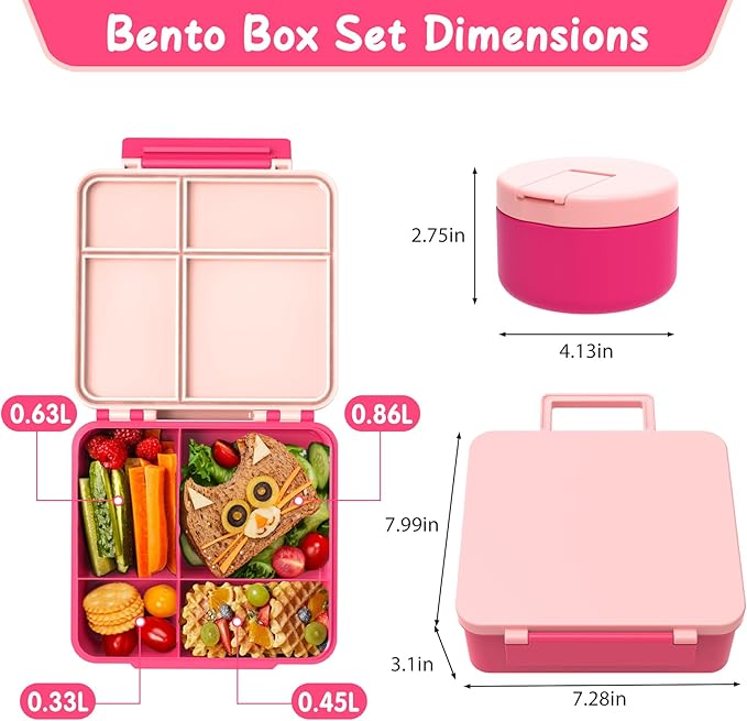 Bento Lunch Box with 8oz Soup Thermo, Leak-Proof Lunch Containers with 4 Compartment, Thermo Hot Food Jar and Insulated Lunch Box for School Pink