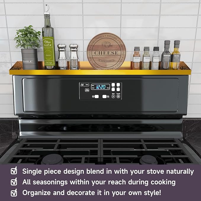 30" Magnetic Stove Top Shelf – Brushed Gold Spice Rack and Seasoning Organizer – Kitchen Shelf for Back of Stove – Over Stove Rack and Storage Organizer