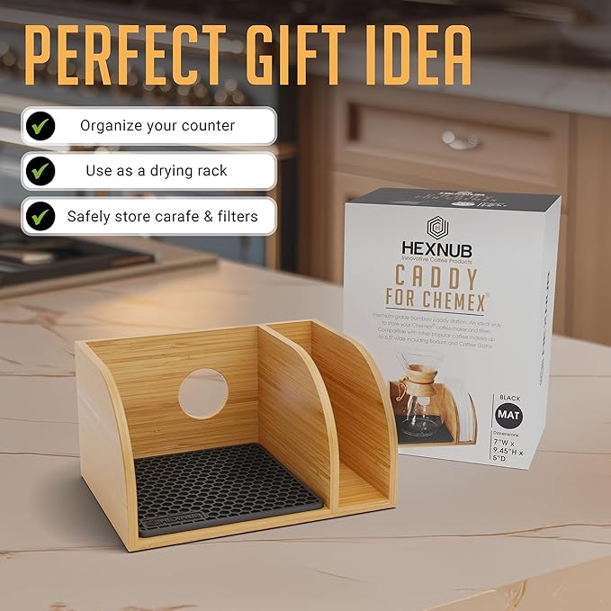 HEXNUB – Caddy for Pour Over Coffee Makers, Bamboo Stand fits Chemex, Bodum, Cosori Carafes, Heatproof Mat, Filter Holder for Coffee Brewing - Black Mat