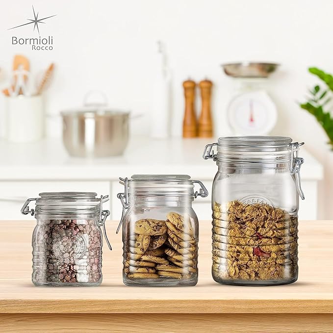 Bormioli Rocco Officina 1825, Set of 3 - Clear Glass Jars with Swing Top - Vintage Industrial Style Airtight Containers for Dry Food Storage, 33.75 Oz, 25.25 Oz, 17 Oz - Dishwasher Safe, Made in Italy