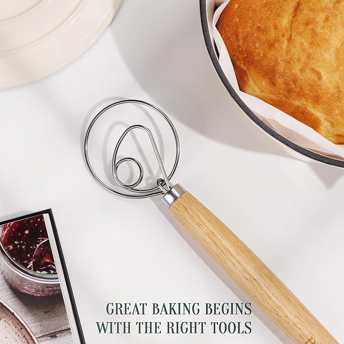 13-Inch Danish Dough Whisk, Wooden Handle with Stainless Steel Single Loop Dough Hook, Dough Whisk for Sourdough, Pizza, Cake Batter