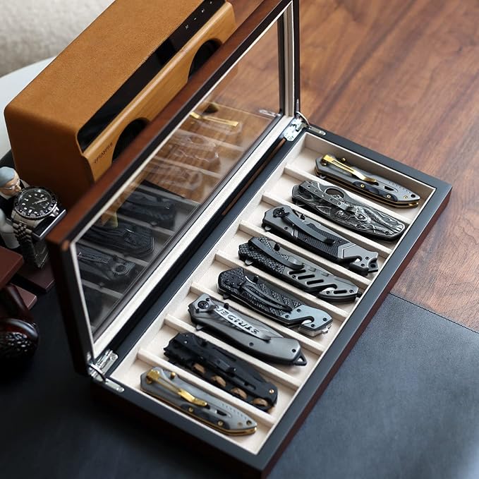Knife Display Case Organizer storage 8 pocket knives, Folding Knife Holder with Real Glass Window Top， Pocket knife collection box for men gift (Walnut Veneer 8 slot)