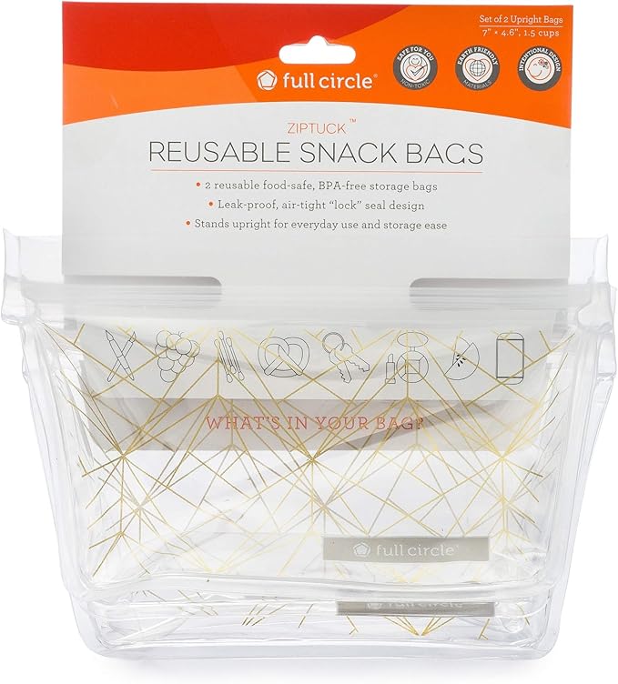Full Circle ZipTuck Reusable Plastic Bags Snack Set, Gold Geo