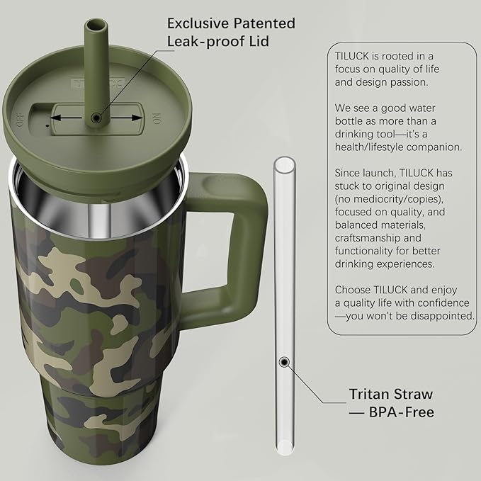 TILUCK 40 oz Tumbler with Handle, Vacuum Insulated Stainless Steel Travel Mug with 100% Leak-Proof Silicone Straw Lid, Cupholder Friendly Water Bottle(Camouflage, 40oz)