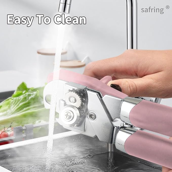 Can Opener Manual, Handheld Strong Heavy Duty Stainless Steel Can Opener, Comfortable Handle, Sharp Blade Smooth Edge, Can Openers with Multifunctional Bottle Opener, Pink