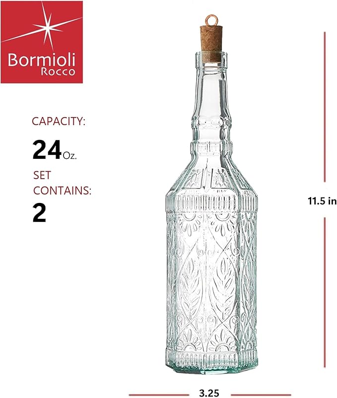 Bormioli Rocco Set Of 2 Country Home Fiesole Bottle, 24-ounce With All Natural Cork Lid, Blue-green Tinted Star Glass, Elegant And Floral Design Made In Italy.