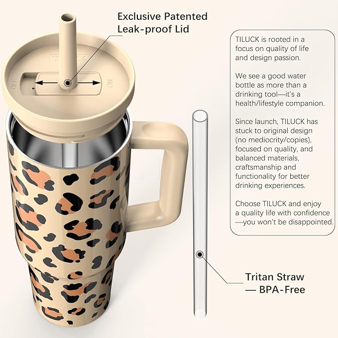 TILUCK 40 oz Tumbler with Handle, Vacuum Insulated Stainless Steel Travel Mug with 100% Leak-Proof Silicone Straw Lid, Cupholder Friendly Water Bottle(Leopard, 40oz)