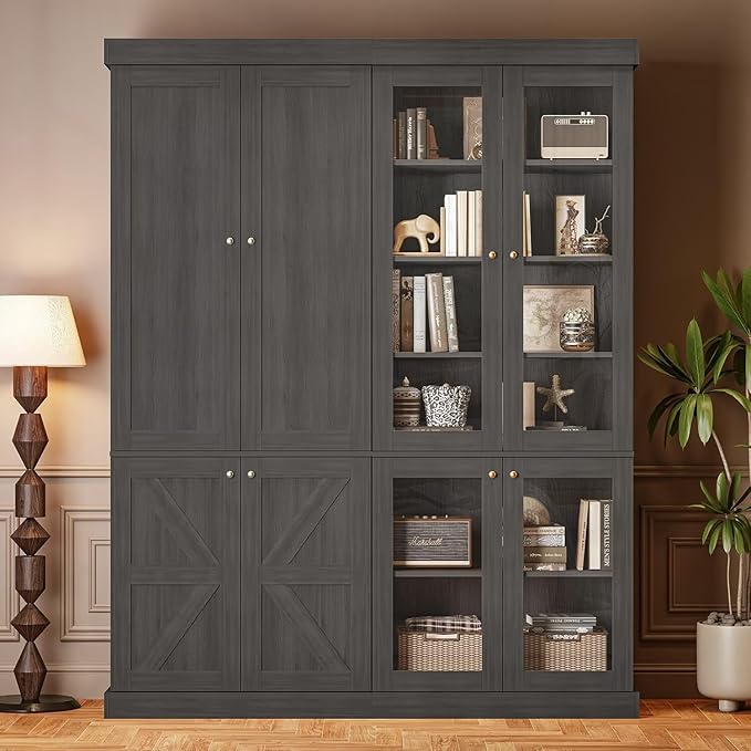 70.8" Tall Farmhouse Bookshelf, Modular Bookcase with Glass Doors, 6-Tier Adjustable Shelves, Large Storage Cabinet for Kitchen, Living Room, Black, Set of 2