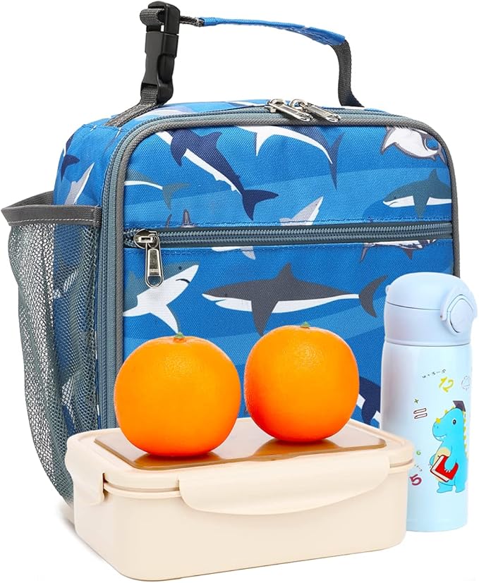 FlowFly Kids Lunch box Insulated Soft Bag Mini Cooler Back to School Thermal Meal Tote Kit for Girls, Boys, Shark