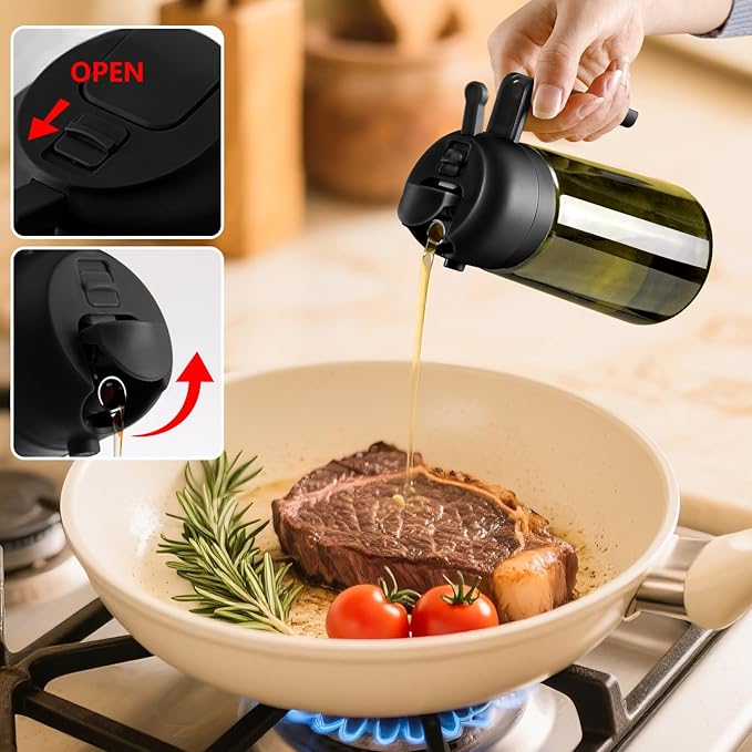 Olive Oil Dispenser and Oil Sprayer – 16oz/470ml Glass Light-Proof Oil Pourer for Kitchen, Air Fryer, Cooking, Salad, and BBQ