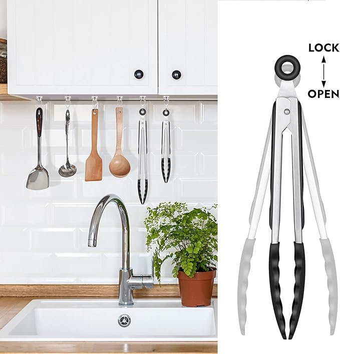 HOTEC Premium Stainless Steel Locking Kitchen Tongs with Silicon Tips, Set of 2-9" and 12"
