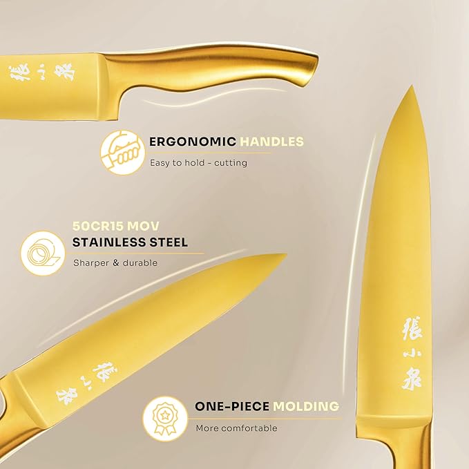 ZHANG XIAO QUAN SINCE 1628 15Pcs Knife Set with White Block, High Carbon Stainless Steel Kitchen Knife Set, Sharp and Durable, Hundreds of Years of Masterful(Golden)
