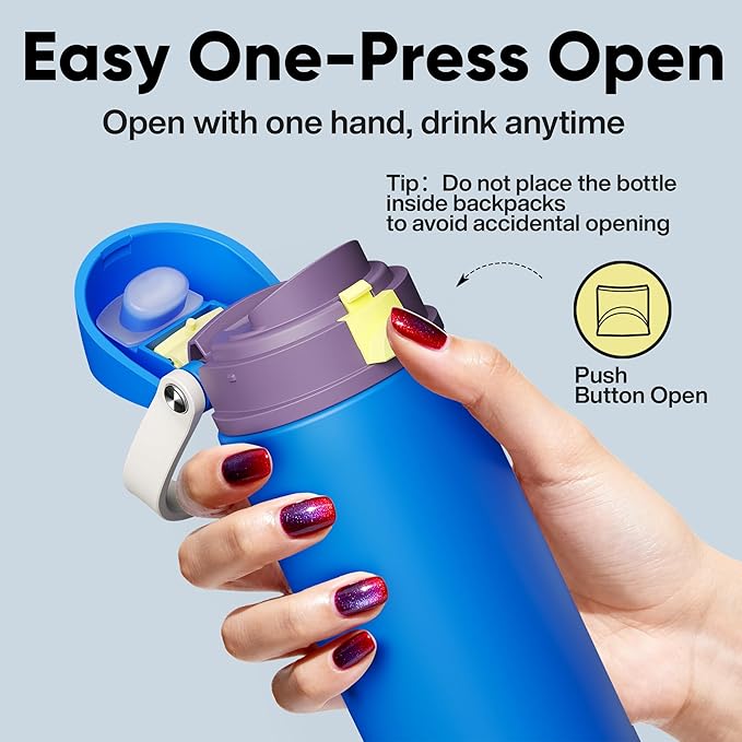 Insulated Water Bottle with Straw - Encool Stainless Steel Water Bottle with Push Button Lid, Leak-Proof & BPA-Free, Keeps Cold for 24 Hours for Sports, Travel, Gym (18 oz, Sapphire)
