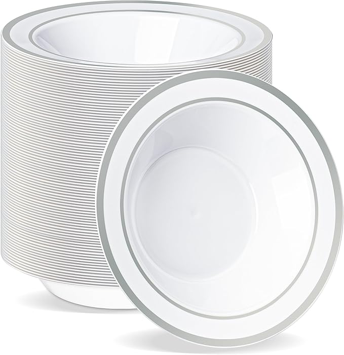 BESTVIP 100 Pack Plastic Disposable Soup Bowls, 12 oz White Dessert Bowls with Silver Rim, Heavy-duty Salad Bowl for Party, Wedding, Christmas, Thanksgiving, Dinner, Catering