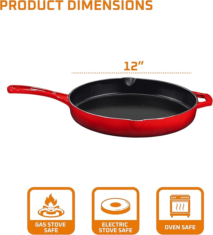 Bruntmor 12-Inch Enameled Cast Iron Skillet - Pre-Seasoned Frying Pan for Cooking, Grilling, and Baking - Smooth Nonstick Cast Iron Pan - Oven Safe and Durable Cookware for Versatile Use - Red