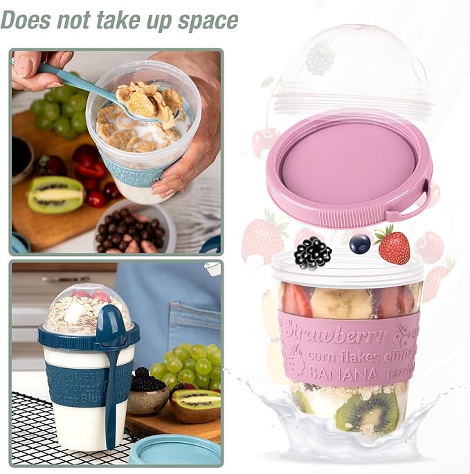 4 Pack Breakfast On The Go Yogurt Parfait Cups, Reusable Plastic Containers with Lids and Spoons, Perfect Jars for Overnight Oats Cereal Granola Oatmeal Smoothies and Snack Prep