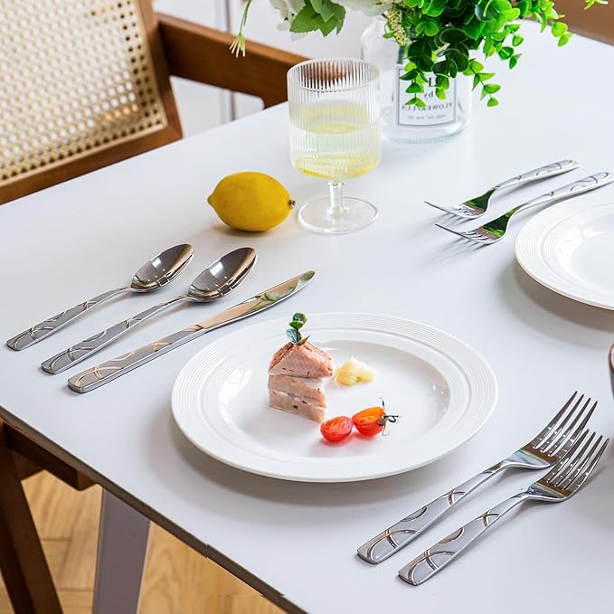 HIKAA 40PCS Stainless Steel Silverware Set, Modern Flatware Set for Kitchen, Mirror Polished Cutlery Set with Forks, Spoons and Knives，Dishwasher Safe
