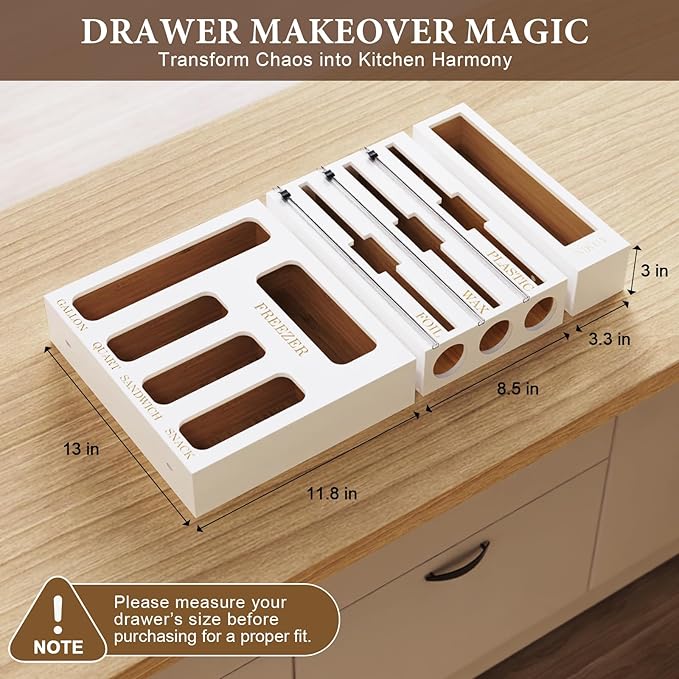 Bamboo Foil and Plastic Wrap Organizer for Kitchen Drawer, 2024 New 9 in 1 Plastic Bag Organizer Organization and Storage, Food Storage Bag Organizer with Labels for Quart Gallon Snack (White)