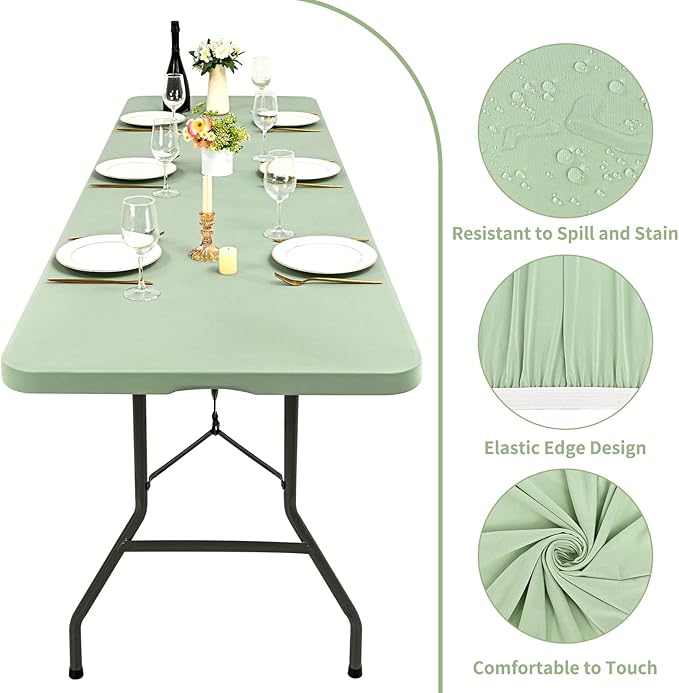 6 Pack Stretch Fabric Table Top Cap Cover, fits 8' Tables, Spandex Table Covers Washable Elastic Rectangle Tablecloth Protector for Indoor Outdoor Party Picnic Wedding, Sage Green, 30" W x 96" L